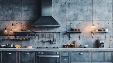 Modern industrial kitchen design with concrete walls and stylish lighting