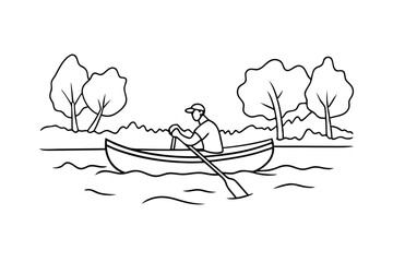 Man Rowing Canoe on Calm River, Peaceful Nature Scene