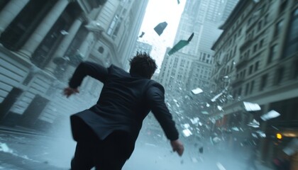 Man running from chaos in urban environment city street action scene cinematic perspective tension and fear