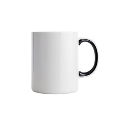 White ceramic mug with a black handle against a transparent background. Simple, clean design