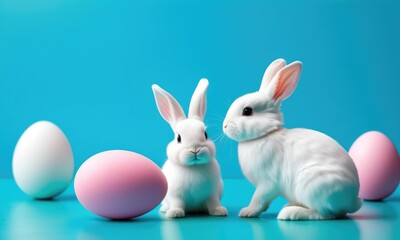Fototapeta premium Adorable white bunnies with colorful easter eggs on vibrant blue background