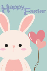 Happy easter bunny with pink heart balloon pastel flat art design. Cute rabbit decorate with festive vector concept of celebration, holiday and spring time for postcard clipart illustration style.