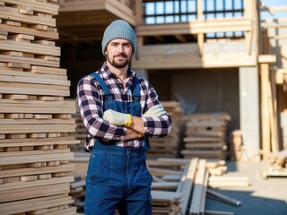 Confident Caucasian adult male construction worker standing at lumber yard