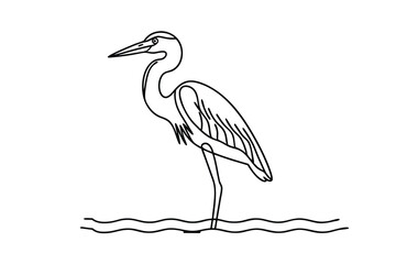 Elegant Great Blue Heron Line Art, Water Bird Drawing