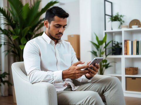 South Asian man using smartphone in living room