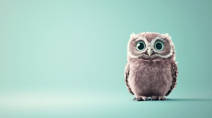 Fototapeta premium Cute Small Owl with Big Eyes on Soft Mint Green Background
