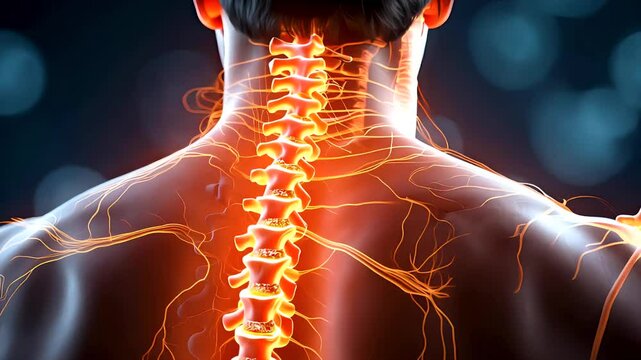 Human back with glowing spine and nerves medical concept showing pain relief
