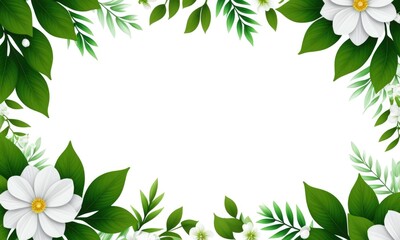 Fototapeta premium Floral border with green leaves and white flowers on a white background