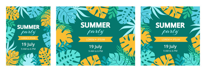 Obraz premium summer party set with palm leaves. Template for design. Vector illustration.