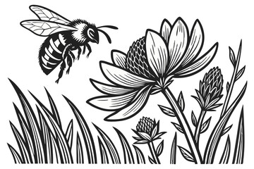 Cute cartoon character bee in the flower garden coloring page,  outline vector. vector printable worksheets for childreeen and school