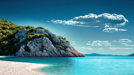 Serene beach cove with clear turquoise water, white sand, and verdant cliffs under a bright sky