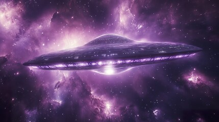 Obraz premium A futuristic spaceship navigates the beautiful purple nebulae background