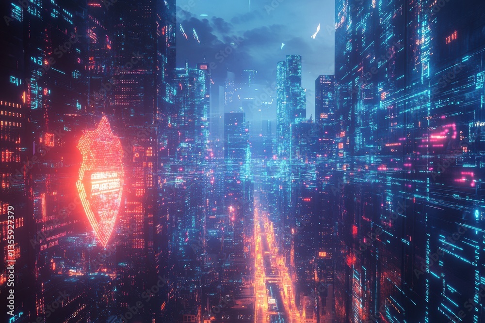 Leinwandbilder futuristic cityscape with cyberpolitical themes featuring a digital shield and glowing binary codes 