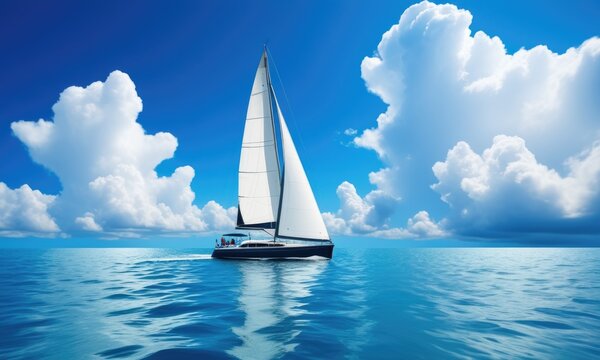 Serene sailing adventure: majestic yacht on a tranquil ocean under blue sky