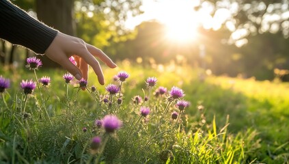 Hand Gently Touching Purple Flowers in a Sunny Field