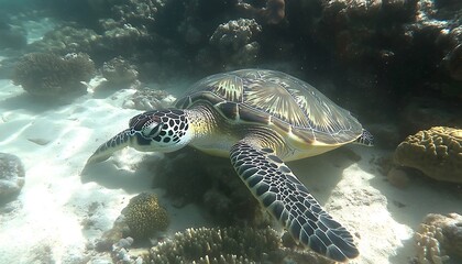 Obraz premium Sea Turtle on Coral Reef.
