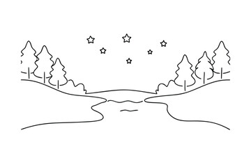 Fototapeta premium Nighttime Peaceful River Scene, Stars, Pine Trees, Minimalist Line Art