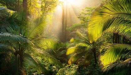 Obraz premium vibrant tropical forests illuminated by golden sunlight lush greenery vertical