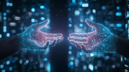 Digital Connection: Two hands, formed from a network of glowing particles, reach towards each other, symbolizing connection, data, and the digital world. 