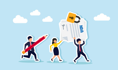 Businessman carries a pencil chasing a businessman and businesswoman run together lifting a locked NDA document, illustration of maintain the confidentiality of a company document