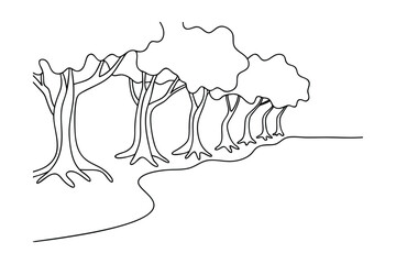Simple Line Drawing of Trees, Pathway, and Nature Scene