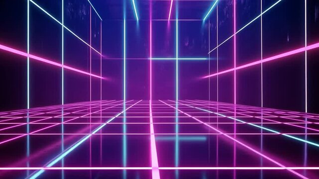 Glowing retro disco backdrop with vivid neon grids, flickering light sequences, 