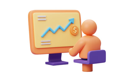 Isolated 3D Character Analyzing Financial Growth on a Monitor