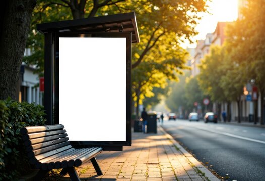 Empty bus stop shelter with copyspace for advertising in a sunny urban setting
