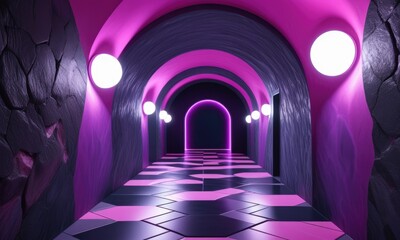 Futuristic neon tunnel with pink and purple hexagonal patterns