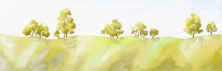 Light green nature landscape. Silhouettes of trees on hills . Watercolor painting banner background.