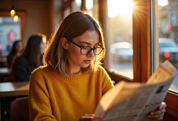 A young woman reading a newspaper in a cozy café during sunset