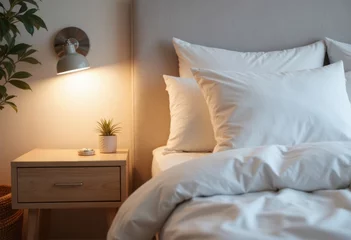  Cozy bedroom with white bedding and a stylish nightstand lamp © starush