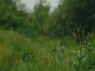 Rainy Day Nature Scene with Spider Web and Droplets on Grass