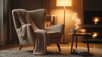 Cozy armchair by the fireplace with warm lighting and a cup of tea