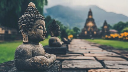 Fototapeta premium Serene Buddha statues line a path towards ancient temple nestled in mountains