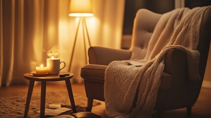 Cozy evening in a warm living room.  A comfortable armchair draped in a blanket, warm light from lamps, and a steaming cup of tea create a relaxing atmosphere