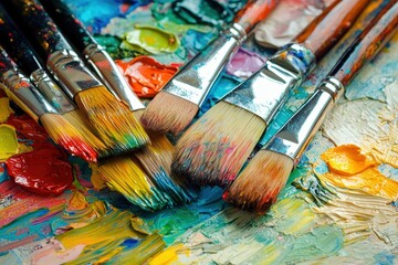 Fototapeta premium Brushes resting on a colorful paint palette, abstract artwork