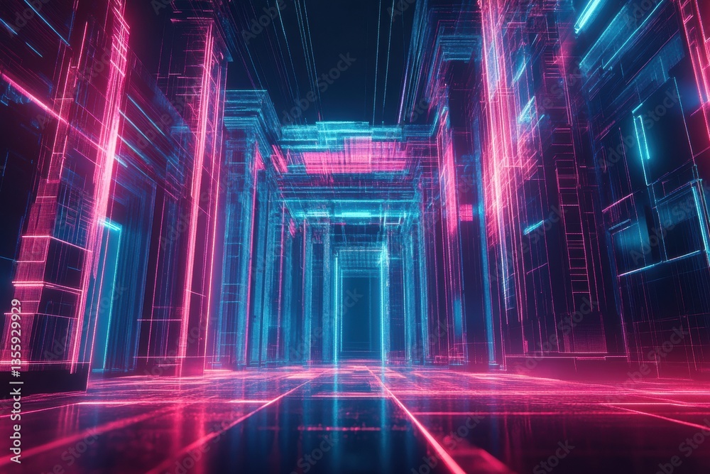 Aufkleber futuristic government building with glowing neon lines and pixelated abstract patterns in a cyberpun