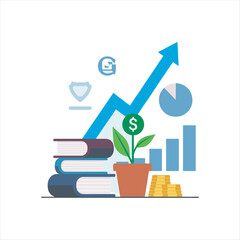 Financial Growth and Investment Education Concept,Business Success and Wealth Management Illustration,Money Investment with Books and Rising Graph,Financial Planning and Market Analysis Vector