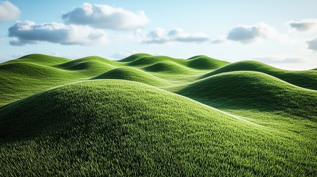 serene landscape of rolling green hills under blue sky with fluffy clouds