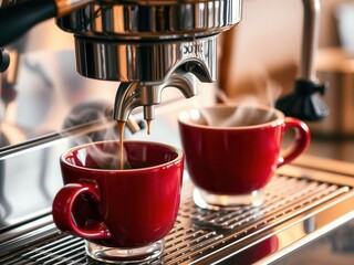 Espresso Machine Pouring Coffee into Red Cups