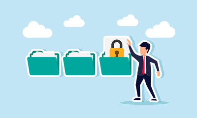 Obraz premium A businessman takes a lock-marked document from a folder, illustration of confidential business documents