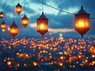 Obraz premium Hanging Lanterns City Sunset.