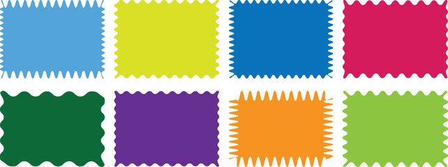 Set of zigzag and wavy edge stickers in rectangle shape. colorful set of square and Oval Elements with Curve Edge. zig zag pattern, line, border, seamless, background. 