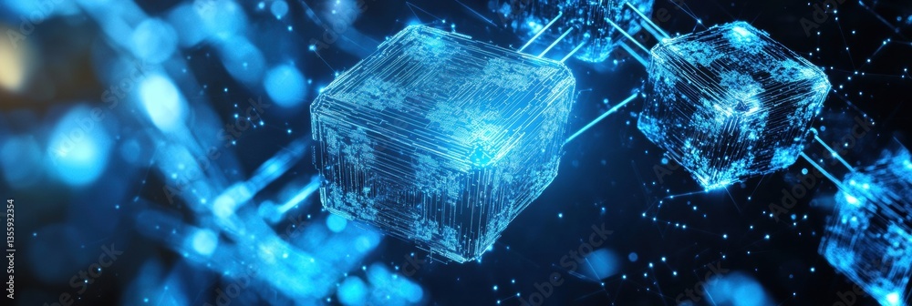 Fototapete High-tech blockchain concept with layered paper cut style and glowing blue nodes in a futuristic digital environment Generative AI