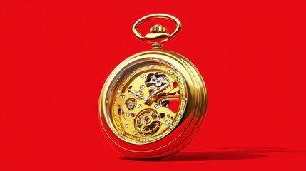 Vintage Gold Pocket Watch with Exposed Mechanism on Red Background