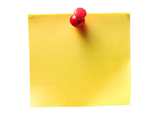 Blank Yellow Sticky Note with Red Pin isolated on Transparent Background. Pinned Yellow Post-it Note. Sticky Note with Red Pin.