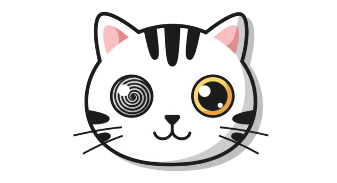 Isolated Cartoon Cat Face with Hypnotic Swirl Eye and Playful Expression