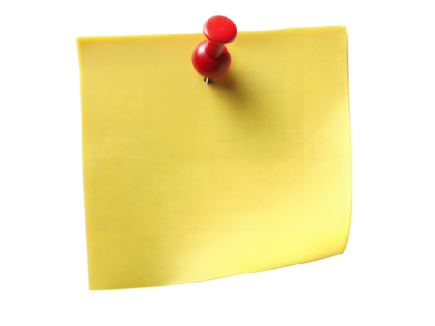 Blank Yellow Sticky Note with Red Pin isolated on Transparent Background. Pinned Yellow Post-it Note. Sticky Note with Red Pin.
