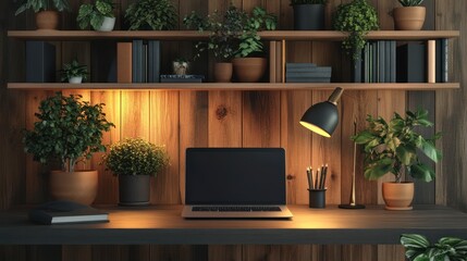 Warm, modern workspace with plants and books.  A laptop sits on a dark wooden desk, surrounded by greenery